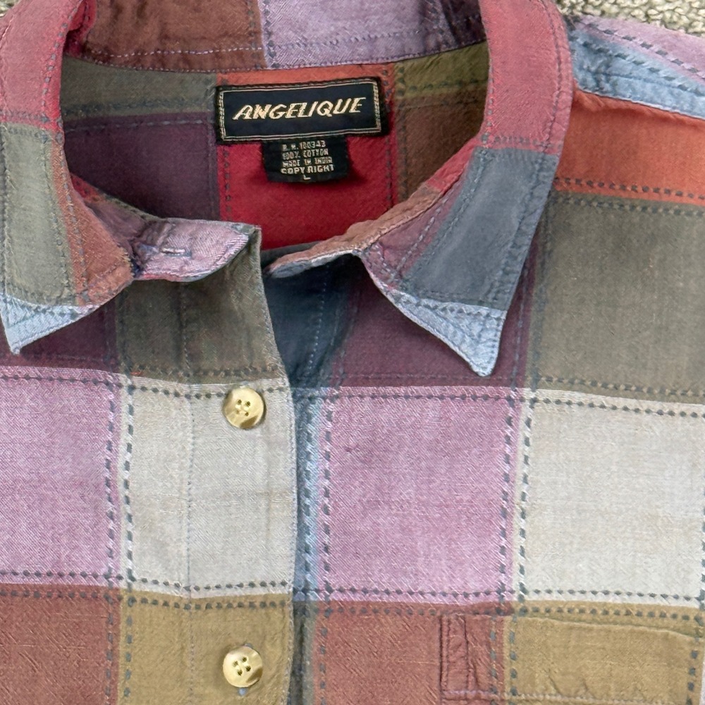 Vintage 90s Angelique Shirt Womens L Patchwork Plaid Boho Grunge Made India